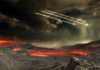Chemical footprint in present-day atmosphere mimics that observed in ancient rock Artistic depiction of early Earth blasted by solar system debris.