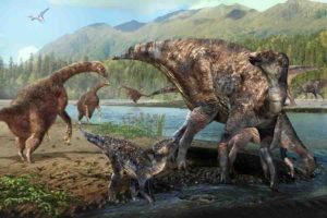 therizinosaurs and hadrosaurs at Alaska's Denali National Park during the Cretaceous Period.