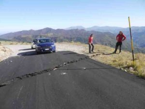 Location of survey site at rupture across a road near Castelluccio, Italy. The rupture occurred during the third earthquake in the seismic sequence and gives researchers a record of the deformation.