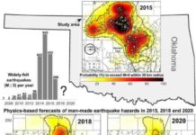 This image shows widely-felt earthquakes that struck north-central Oklahoma and southern Kansas
