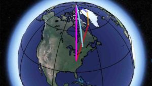 The observed direction of polar motion, shown as a light blue line, compared with the sum (pink line) of the influence of Greenland ice loss (blue), postglacial rebound (yellow) and deep mantle convection (red). The contribution of mantle convection is highly uncertain.