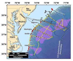 The Mid-Atlantic Resource Imaging Experiment (MATRIX) collected reflection seismic data along more than 2000 km of trackline shown in yellow.