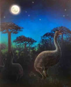 Giant nocturnal elephant birds are shown foraging in the ancient forests of Madagascar at night.