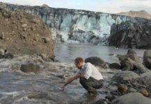 Volcanoes and glaciers combine as powerful methane producers Dr Peter Wynn, Lancaster University, taking a sample in Iceland. Credit: Dr Hugh Tuffen