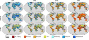 Future climate analogs for the years 2020, 2050, 2100 and 2200 according to three well-established models. If greenhouse gas emissions are not curbed, the study says, the climate will continue to warm until it begins to resemble the Eocene in 2100. Credit: Courtesy of the authors