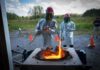 Scientists brew lava and blow it up to better understand volcanoes Ingo Sonder, a research scientist at UB's Center for Geohazards Studies, stirs the molten rock as it melts inside the furnace. Credit: Douglas Levere / University at Buffalo