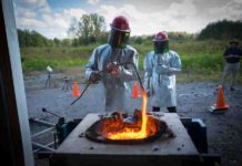 Scientists brew lava and blow it up to better understand volcanoes Ingo Sonder, a research scientist at UB's Center for Geohazards Studies, stirs the molten rock as it melts inside the furnace. Credit: Douglas Levere / University at Buffalo