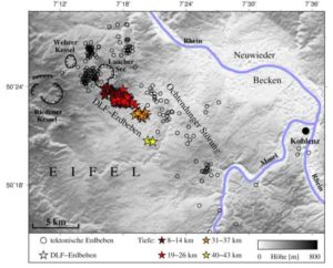 Map of the locations and depths of the deep low-frequency (DLF) earthquakes beneath the Laacher See Volcano ("Lake Laach Volcano") in Germany. Brittle earthquakes are marked as circles, DLF events as stars. Credit: Hensch et al.