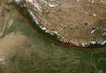 Waiting for the complete rupture Where plates collide: The main frontal thrust (red line) extends over the entire length of the Himalayas. Credit: NASA Earth Observatory