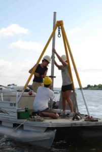 Taking a soil core from underwater soil is a bit trickier than soil that's on the surface. Scientists have to utilize boats and plunge the sampling equipment through water and down into the soil.