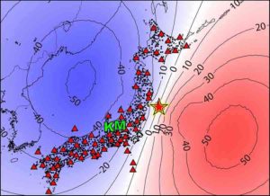 A map of Japan showing locations for the epicenter of the 2011 Tohoku earthquake (✩),Kamioka (K), Matsushiro (M) and seismic survey instruments used (△ and ●). Credit: 2019 Kimura Masaya