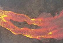 On the front lines in Kilauea Lava flow, Kilauea eruption, 2018. Drone image from Einat Lev