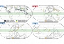 Tectonics in the tropics trigger Earth’s ice ages Over the last 540 million years, as the Earth's tectonic plates have shifted, MIT researchers have found that periods of major tectonic activity (orange lines) in the tropics (green belt) were likely triggers for ice ages during those same periods.