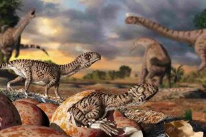 Illustration of Massospondylus eggs and young dinosaurs