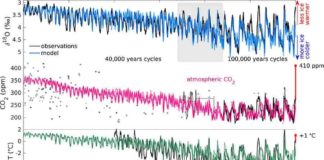 Transien modelling results: Atmospheric CO2 concentration (in pink) compared to ice core data (solid line) and other proxies. Willeit et al, 2019