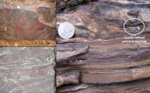Rocks with banded iron formations and biosignatures - 1,900 million years old, Michigan, US (top left), 2,700 million years old, Ontario, Canada (bottom left) and 2,500 million years old, Karijini National Park, Western Australia (right).