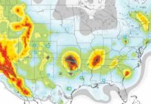 Earthquakes are triggered well beyond fluid injection zones USGS map highlights earthquake risk zones. Blue boxes indicate areas of high activity of human-caused earthquake due to deep bore fluid injection.