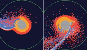 Snapshots of numerical modeling of the moon’s formation by a giant impact. The central part of the image is a proto-Earth; red points indicate materials from the ocean of magma in a proto-Earth; blue points indicate the impactor materials.
