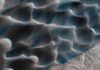 On Mars, sands shift to a different drum The retreat of Mars' polar cap of frozen carbon dioxide during the spring and summer generates winds that drive the largest movements of sand dunes observed on the red planet.
