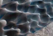 On Mars, sands shift to a different drum The retreat of Mars' polar cap of frozen carbon dioxide during the spring and summer generates winds that drive the largest movements of sand dunes observed on the red planet.