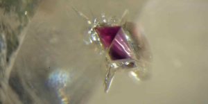 A tiny inclusion of lherzolitic garnet inside a diamond collected from the De Beers Group Victor Mine in Ontario. New research revealed lherzolite is a source rock for diamond formation—a discovery that could eventually help geologists find valuable deposits around the world.