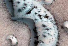 A material way to make Mars habitable Polar ice caps on Mars are a combination of water ice and frozen CO2. Like its gaseous form, frozen CO2 allows sunlight to penetrate while trapping heat. In the summer, this solid-state greenhouse effect creates pockets of warming under the ice, seen here as black dots in the ice.