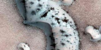 Polar ice caps on Mars are a combination of water ice and frozen CO2. Like its gaseous form, frozen CO2 allows sunlight to penetrate while trapping heat. In the summer, this solid-state greenhouse effect creates pockets of warming under the ice, seen here as black dots in the ice.