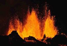 ‘Crystal clocks’ used to time magma storage before volcanic eruptions Magma erupting at the Holuhraun lava field in August 2014. Credit: Bob White