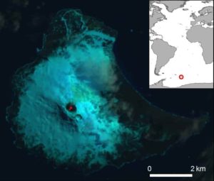 False colour Landsat 8 satellite image of Saunders Island and the lava lake within the crater of Mount Michael (image acquired 31/01/2018). Inset map shows the location of Saunders Island. 