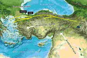Along the North Anatolian Fault, Anatolia and the Eurasian Earth Plate push past each other. Image reproduced from the GEBCO world map 2014, www.gebco.net
