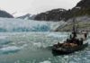 Underwater glacial melting is occurring at higher rates than modeling predicts Researchers on the MV Steller are in front of the terminus of Alaska's LeConte Glacier in August 2016. An over-the-side pole holds the sonar instrument that collects data on the subsurface ice face as the vessel moves slowly through the icy water. Credit: David Sutherland