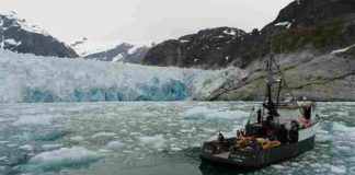 Researchers on the MV Steller are in front of the terminus of Alaska's LeConte Glacier in August 2016. An over-the-side pole holds the sonar instrument that collects data on the subsurface ice face as the vessel moves slowly through the icy water. Credit: David Sutherland