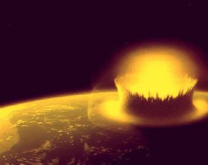 Depictions of large asteroids striking Earth, which, during parts of its early history, would have had a much thicker atmosphere than it does today. Credits: NASA with modifications by Stephen Mojzsis