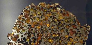 An example of a Pallasite meteorite (from the Esquel fall) on display in the Vale Inco Limited Gallery of Minerals at the Royal Ontario Museum.