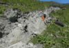 Rock scratches hint at future quakes Jesse leaning against the fresh fault scarp of the Kekerengu fault, next to some of the curved slickenlines. Credit: Professor Tim Little