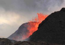 The ‘universal break-up criterion’ of hot, flowing lava? Lava fountains at Kilauea in Hawaii created a spatter cone, which was estimated to be 180 feet tall in this June 2018 photo. Credit: U.S. Geological Survey