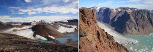 Photographs of alkaline magmatic intrusions in Greenland. The region was volcanically and tectonically active around 1.2 billion years ago. Although no longer active, it is of major interest to geologists because the subsequent uplift and glacial erosion have cut deep into the rift and exposed the magma chambers that once lay well below the surface. Greenland’s magmas were sourced from a mantle that was enriched and contaminated by ancient crustal materials. Credit: University of St Andrews