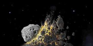 Illustration of the giant asteroid collision in outer space that produced the dust that led to an ice age on Earth. Credit: (c) Don Davis, Southwest Research Institute
