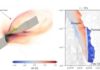 Role of earthquake motions in triggering a ‘surprise’ tsunami Visualization of the modelled coupled earthquake and tsunami across Palu Bay, from Ulrich et al., 2019: Left: Seismic waves being generated while the earthquake propagates southward in a ‘superfast’ manner. Warm colours denote higher movements across the geological faults and higher ground shaking (snapshot after 15 seconds of earthquake simulation time). Right: The movements of the earthquake beneath the bathtub shaped Palu Bay generate a ‘surprise’ tsunami (snapshot of the water waves aftee 20s of simulation time of the tsunami scenario). Image credit: LMU.