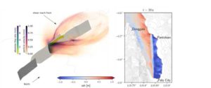 Visualization of the modelled coupled earthquake and tsunami across Palu Bay, from Ulrich et al., 2019: Left: Seismic waves being generated while the earthquake propagates southward in a ‘superfast’ manner. Warm colours denote higher movements across the geological faults and higher ground shaking (snapshot after 15 seconds of earthquake simulation time). Right: The movements of the earthquake beneath the bathtub shaped Palu Bay generate a ‘surprise’ tsunami (snapshot of the water waves aftee 20s of simulation time of the tsunami scenario). Image credit: LMU. 
