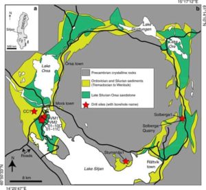 Maps of the Siljan impact structure and study locations. a Map of Sweden with the Siljan area indicated. b Geological map of the Siljan impact structure with locations of the cored boreholes and the quarry sampled for mineral coatings indicated, along with the sedimentary units in the crater depression, towns, lakes (white) and roads (black lines). Gas compositions exist from boreholes VM2 and VM5 (located adjacent to VM2). Credit: Nature Communications, 2019