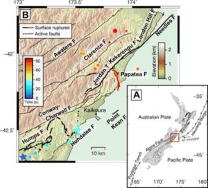 Fig. 1 Map of the 2016 Kaikōura earthquake and surrounding area. (A) Transpressional tectonic setting of the northeastern South Island of New Zealand. (B) Map of surface ruptures from the 2016 Mw 7.8 Kaikōura earthquake, shown in bold black lines with the Papatea fault in red (8, 28). Dots represent scaled relative energy release from back-projection results (15) and are colored by time since rupture onset. Mapped active faults that did not rupture during the Kaikōura event are indicated by thin black lines (28). Credit: Science Advances 02 Oct 2019: Vol. 5, no. 10, eaax5703, DOI: 10.1126/sciadv.aax5703