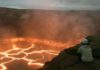 Volcanologist jams to the beat of the Earth’s drummer Brittany Erickson, an assistant professor in the Department of Computer and Information Science who studies geophysics and is a colleague of UO’s Leif Karlstrom, peers into the Halema'uma'u lava lake on Hawai’i’s Kiīlauea volcano. Credit: University of Oregon