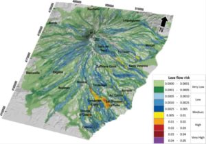 Oblique view of the risk map for lava flow inundation on the flanks of Mt. Etna for the next 50 years.