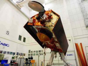The Sentinel-6A spacecraft sits in its clean room in Germany's IABG space test center. The satellite is being prepared for a scheduled launch in November 2020 from Vandenberg Air Force Base in California. Credit: IABG