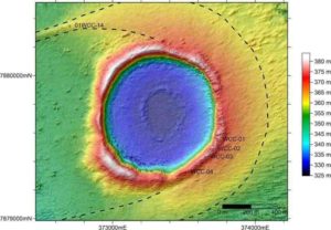 An orthophoto of Wolfe Creek Crater. An orthophoto is an aerial photograph that has been geometrically corrected so that the scale is uniform and the photo has the same lack of distortion as a map. Credit: University of Wollongong