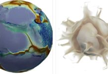 What makes the Earth’s surface move? Images of the numerical solution at the moment when a supercontinent (left, in purplish grey) begins to break up. In the image on the left, the modelled fictional planet looks much like the Earth: its surface and mantle move spontaneously, at speeds close to those observed on Earth. The distribution of the plates (some of which are large, while many are small) is also similar, as is the topography: red hues represent shallow regions of the ocean (ridges), while blue indicates the deep seafloor. The deepest blue areas correspond to subduction trenches (where a plate is sinking into the mantle). The continents are shown in translucent white (and therefore appear purplish grey).The image on the right shows warm currents (plumes) rising from the bottom of the mantle. Credit: Nicolas Coltice