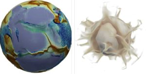 Images of the numerical solution at the moment when a supercontinent (left, in purplish grey) begins to break up. In the image on the left, the modelled fictional planet looks much like the Earth: its surface and mantle move spontaneously, at speeds close to those observed on Earth. The distribution of the plates (some of which are large, while many are small) is also similar, as is the topography: red hues represent shallow regions of the ocean (ridges), while blue indicates the deep seafloor. The deepest blue areas correspond to subduction trenches (where a plate is sinking into the mantle). The continents are shown in translucent white (and therefore appear purplish grey).The image on the right shows warm currents (plumes) rising from the bottom of the mantle. Credit: Nicolas Coltice