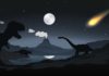 Tracking down the asteroid that sealed the fate of the dinosaurs Illustrated scene of dinosaurs and asteroid.