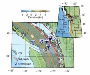 A map of Vancouver Island showing the locations of seismic instruments considered by the research group. The grey shaded region delineates where slow earthquakes occur. 